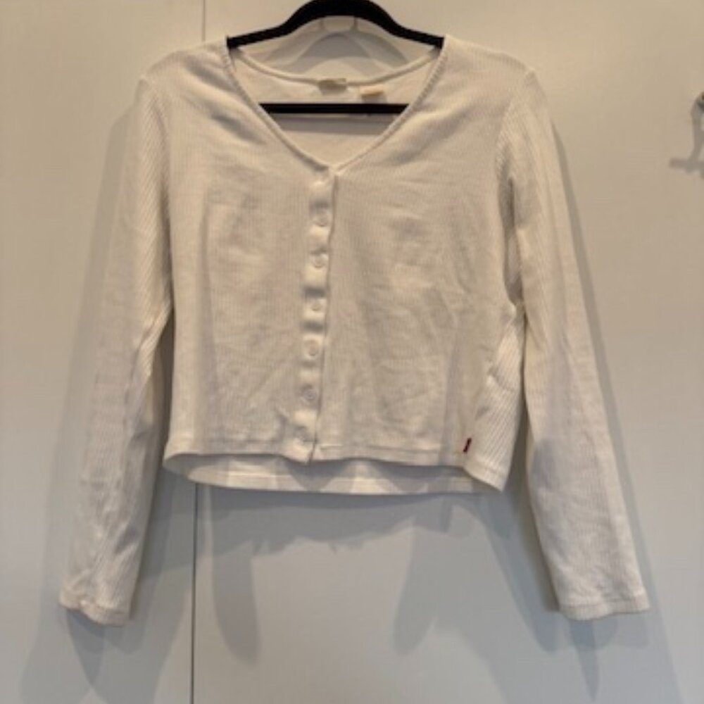 Levi’s White Ribbed Button-Front Cropped Tee (Large)